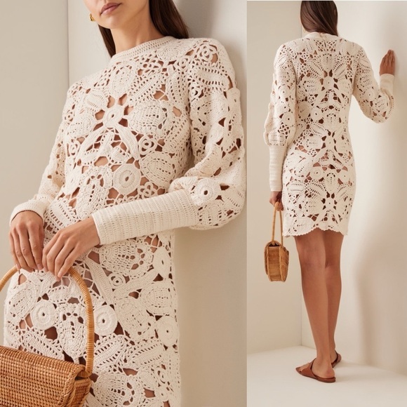 Ulla Johnson Aamina Hand Crocheted Semi Sheer Cotton Mini Dress Neutral - Picture 1 of 12